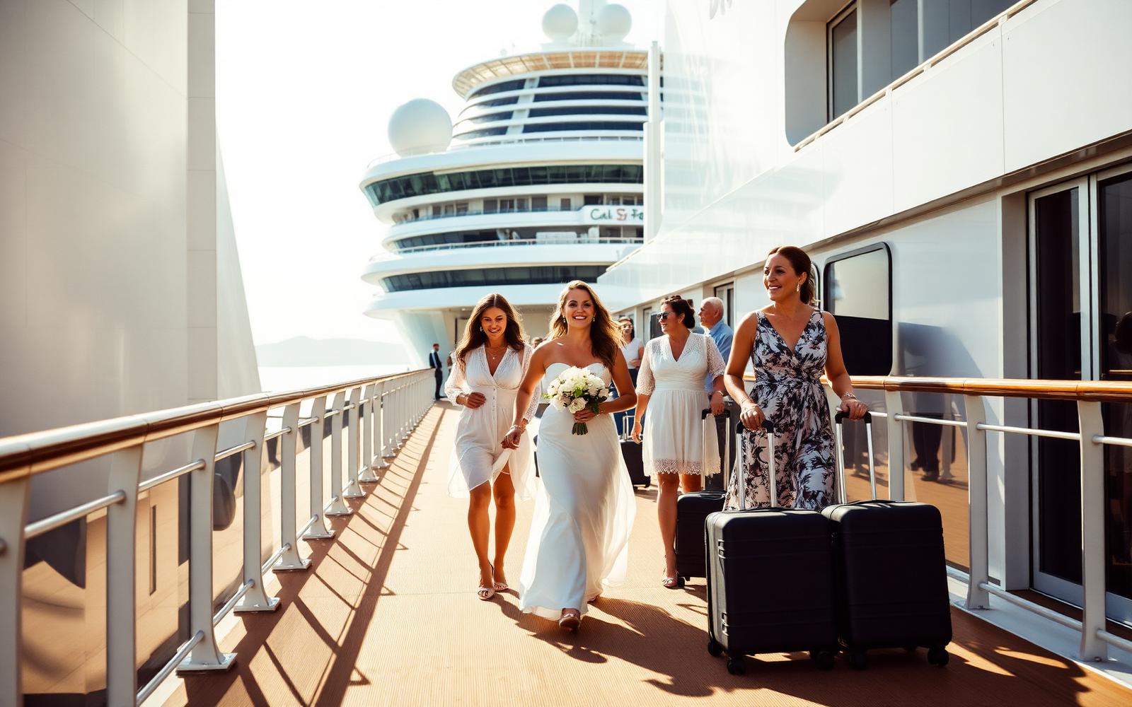 Wedding guests boarding a cruise ship
