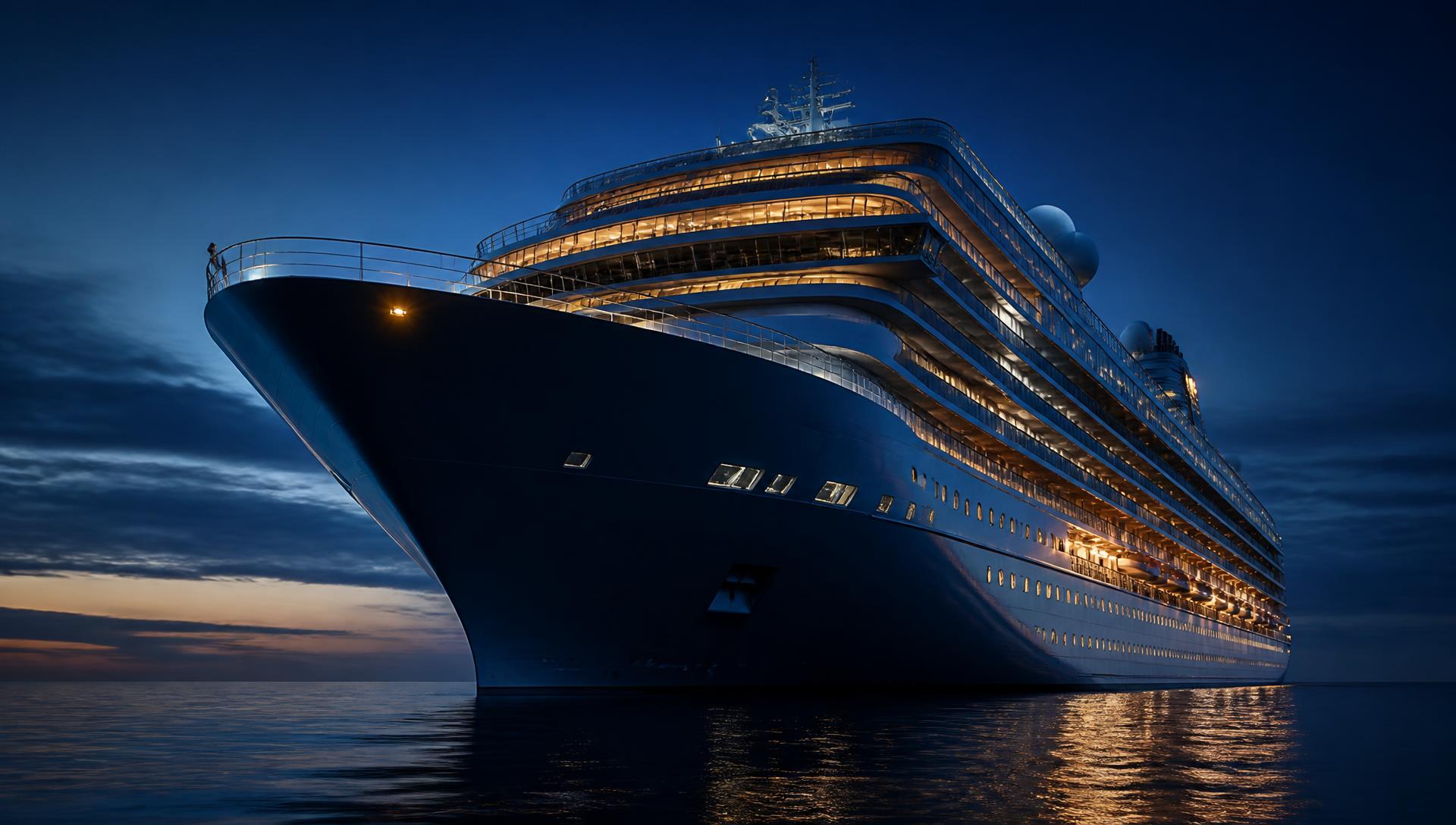 A cruise ship lit against a deep blue dusk sky