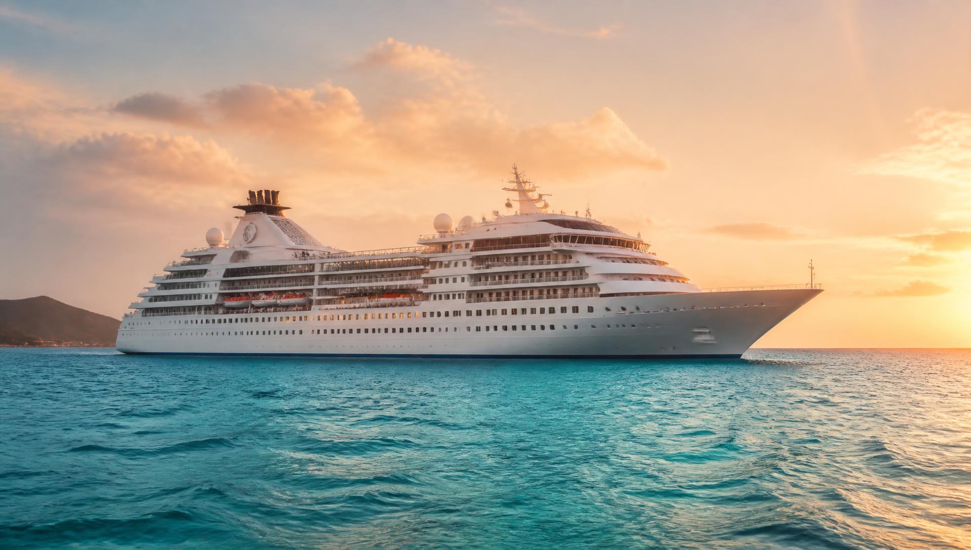 A cruise ship anchored off a tropical coast at golden hour